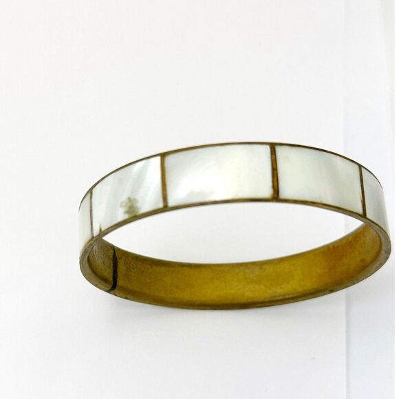 Vintage Boho Bangle Mother of Pearl Inlay on Brass Medium Width - Picture 2 of 3
